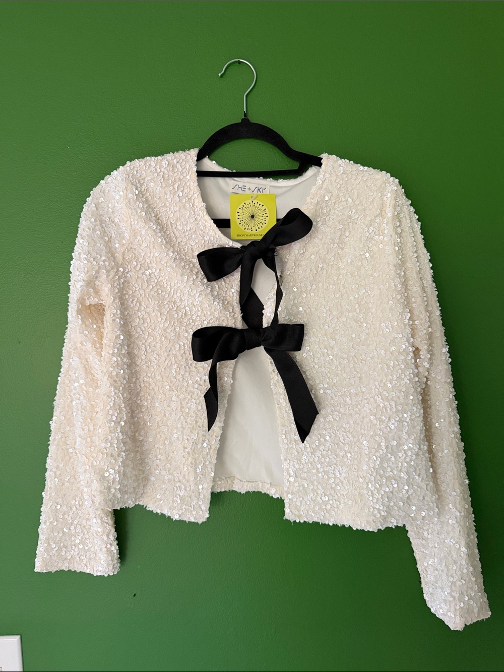 Sequin Bow Front Jacket in Ivory with Black Bows